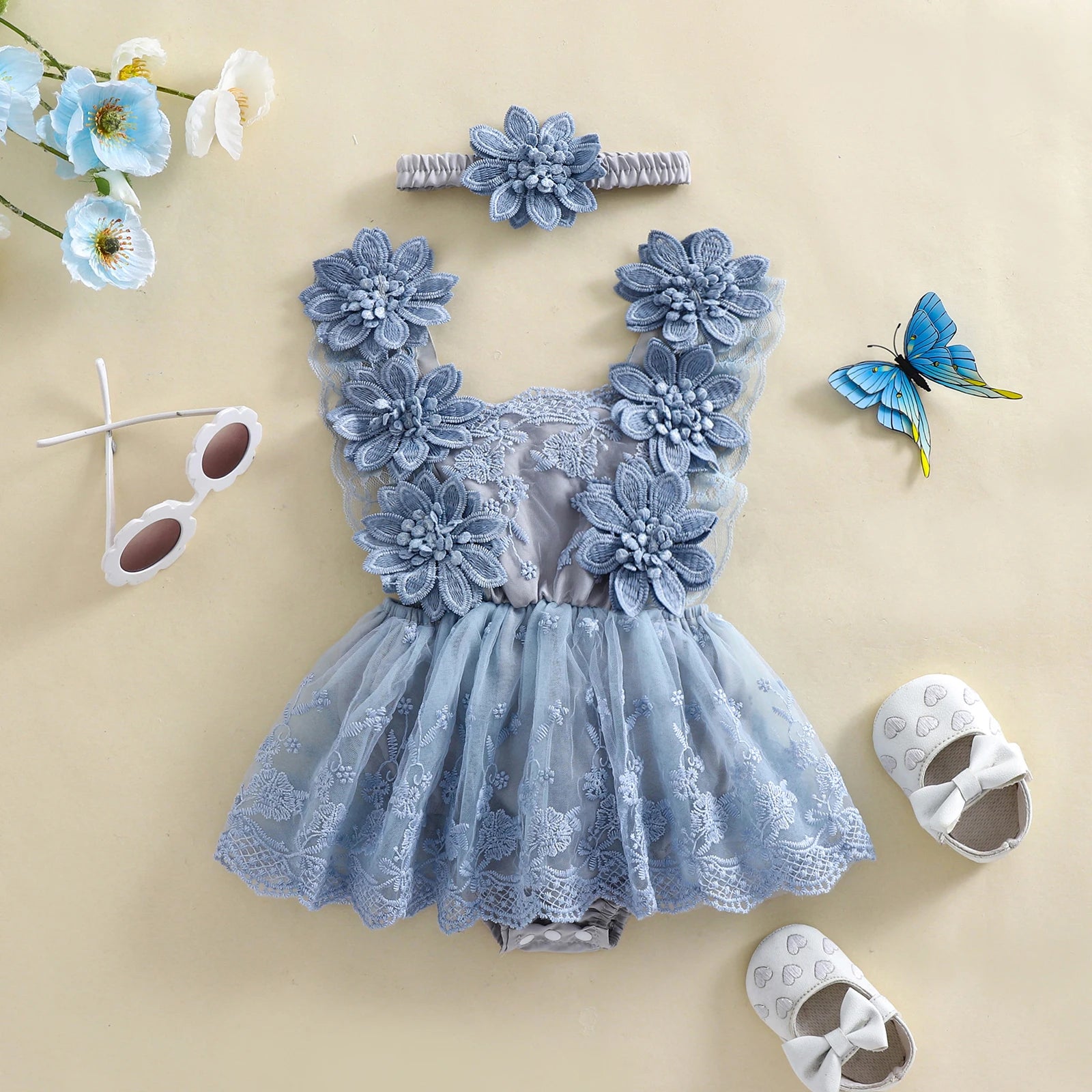 3D Blossom Lace Baby Romper Set