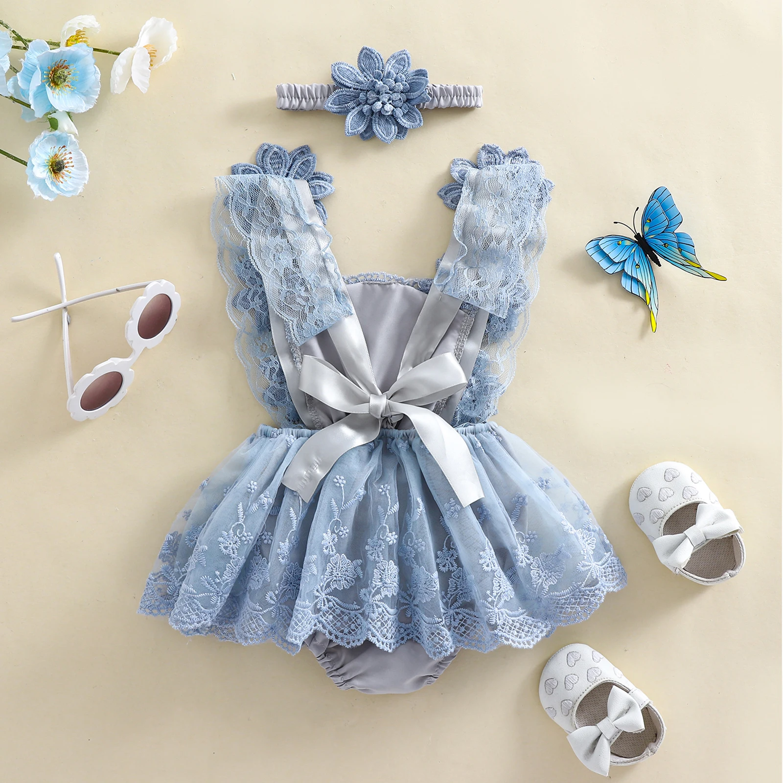 3D Blossom Lace Baby Romper Set