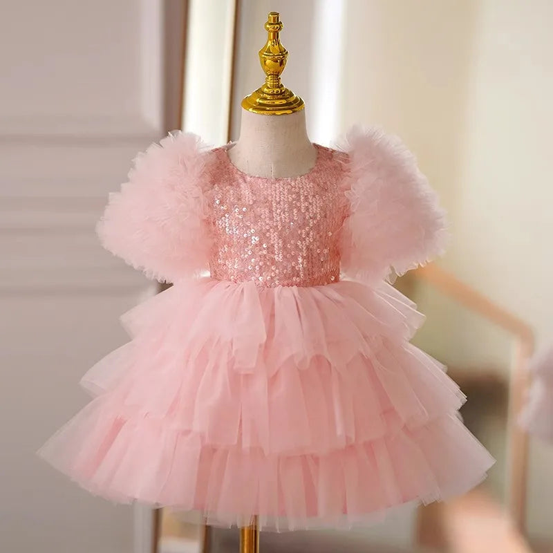 Princess-Style Pink Tulle Party Dress with Sequins